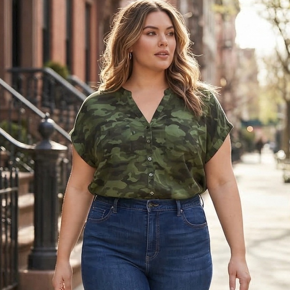 Torrid 3 Plus 3X Green Camouflage Button Downโ Rayon Blouse V-Neck Top Army